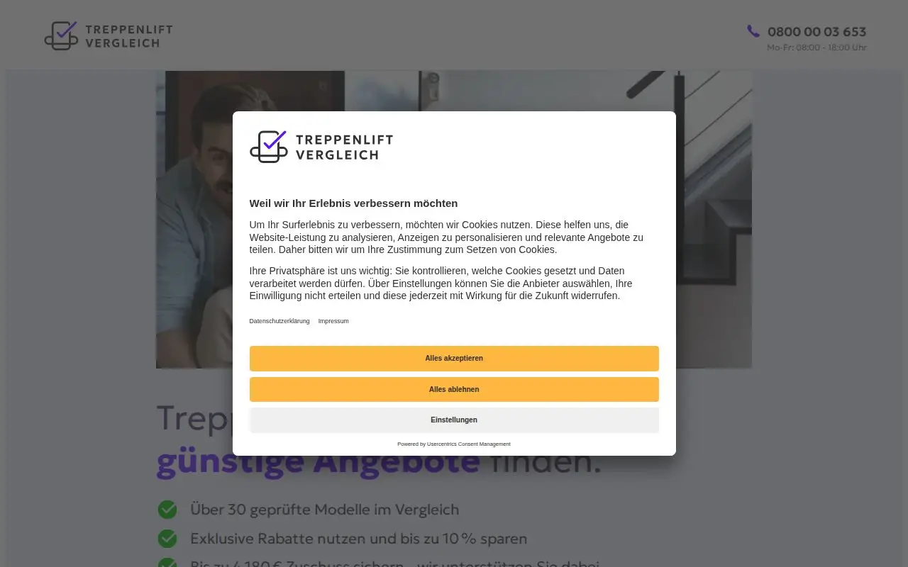 Landing page screenshot for www.treppenlift-vergleich.de