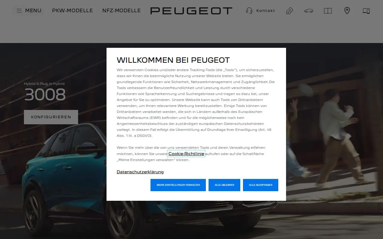 Landing page screenshot for www.peugeot.de