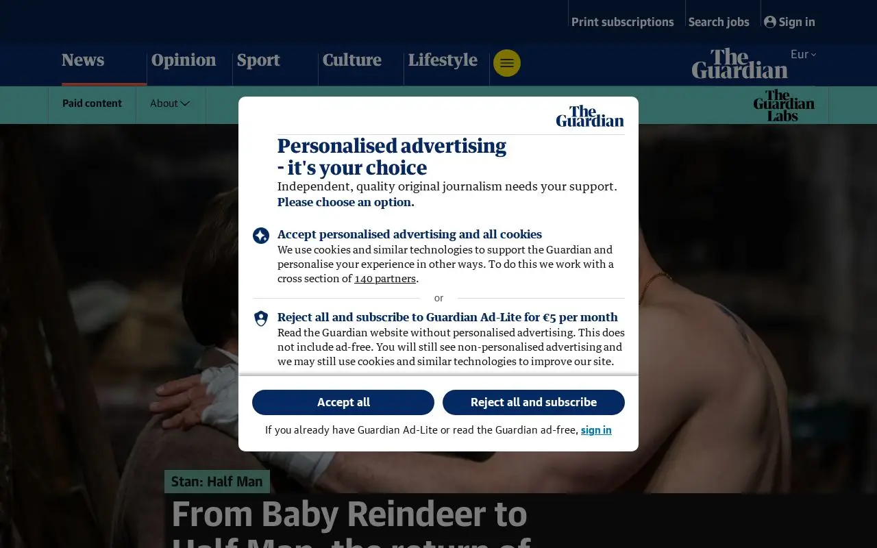 Landing page screenshot for www.theguardian.com