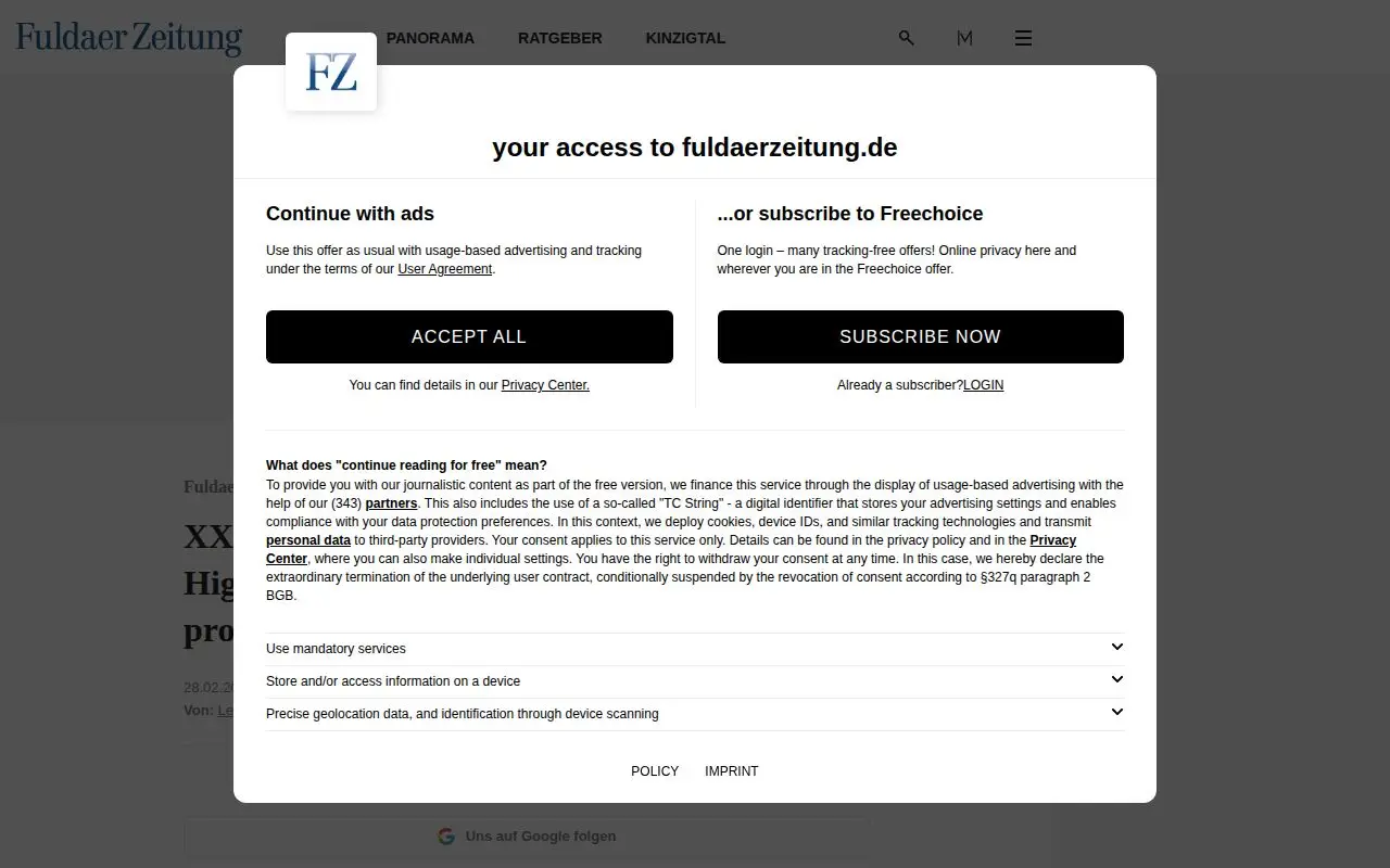 Landing page screenshot for www.fuldaerzeitung.de