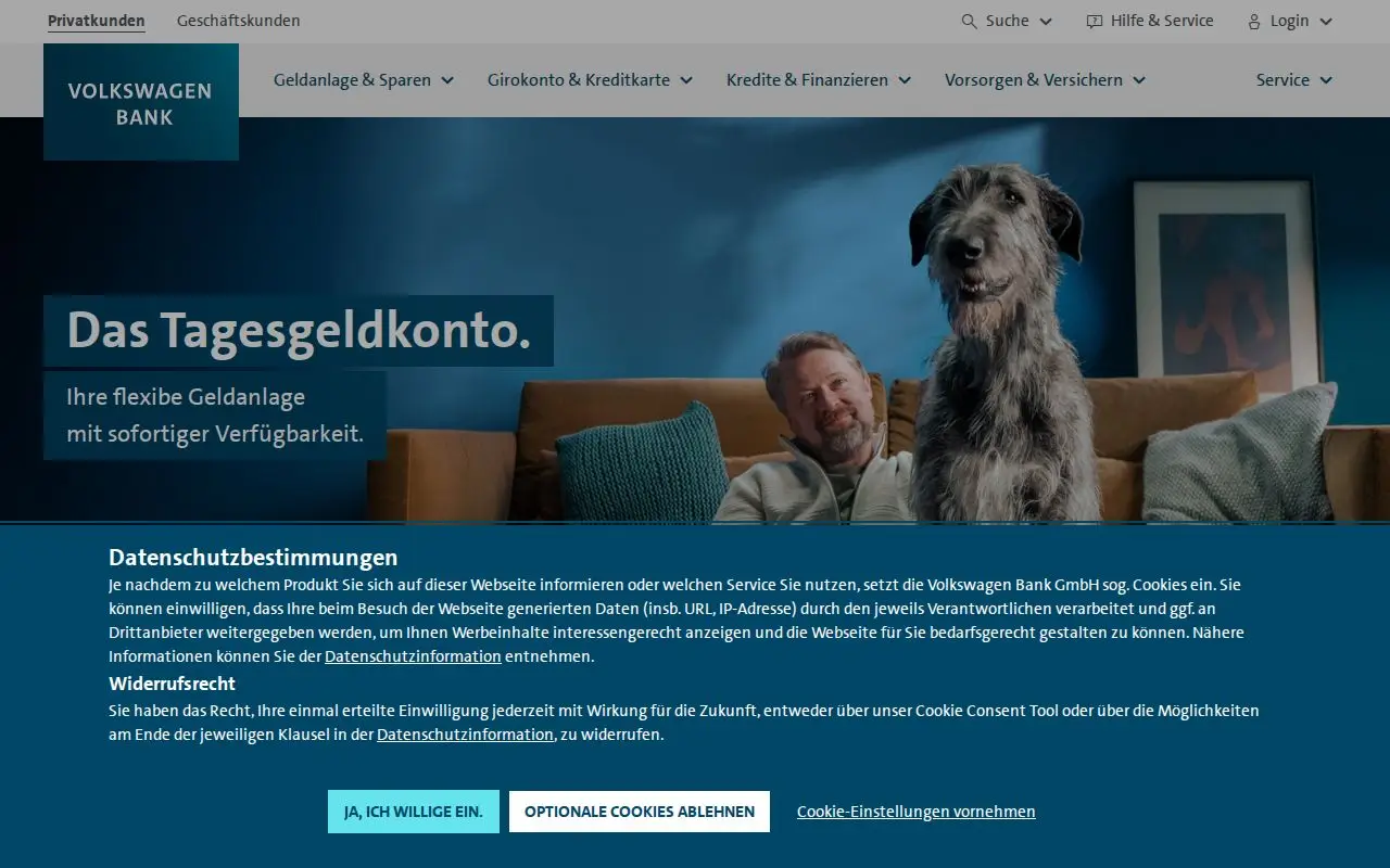 Landing page screenshot for www.volkswagenbank.de