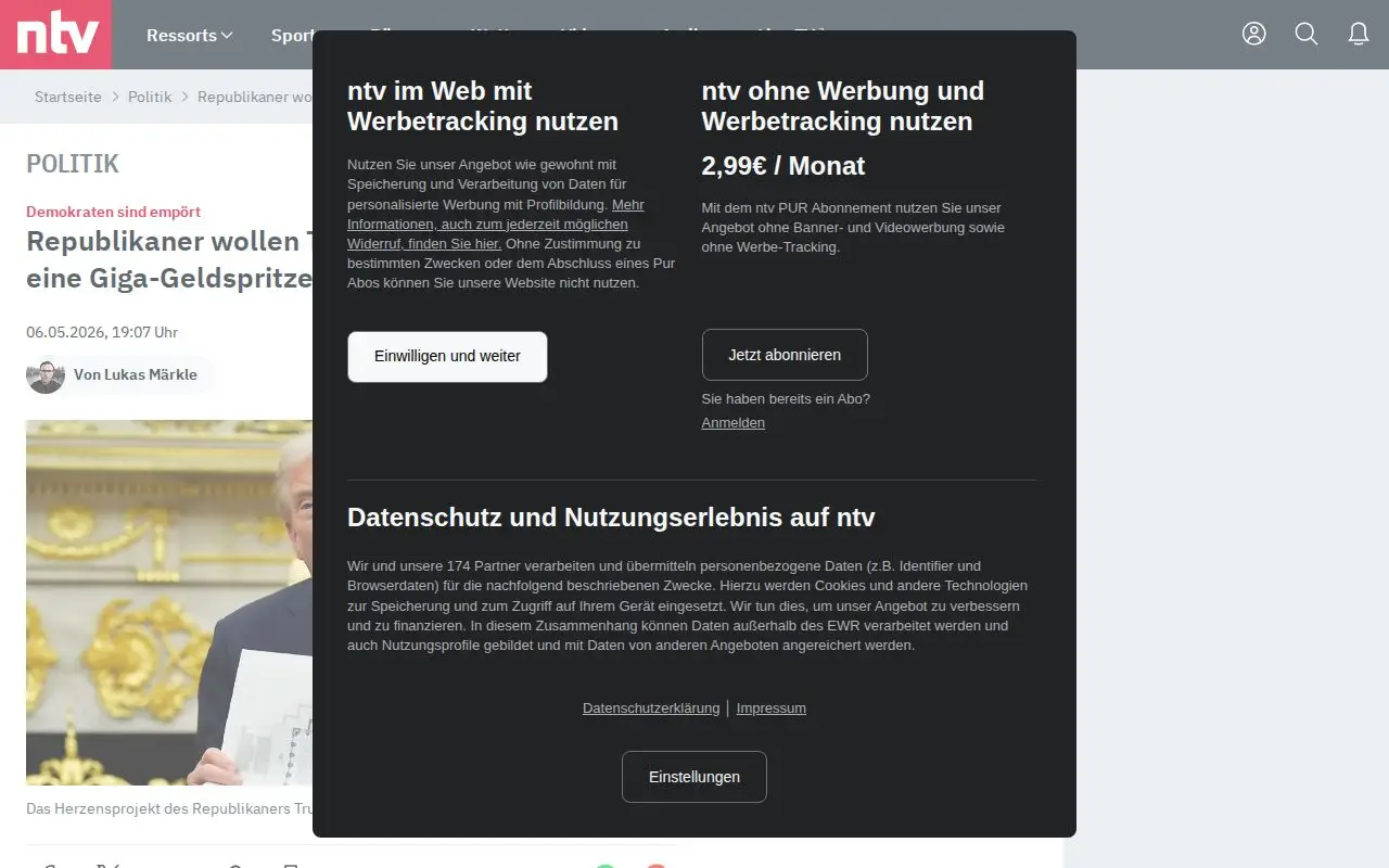 Landing page screenshot for www.n-tv.de