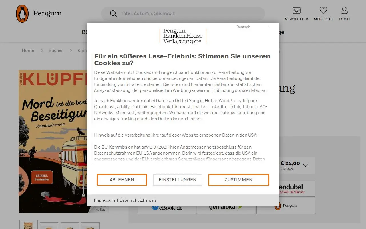 Landing page screenshot for www.penguin.de
