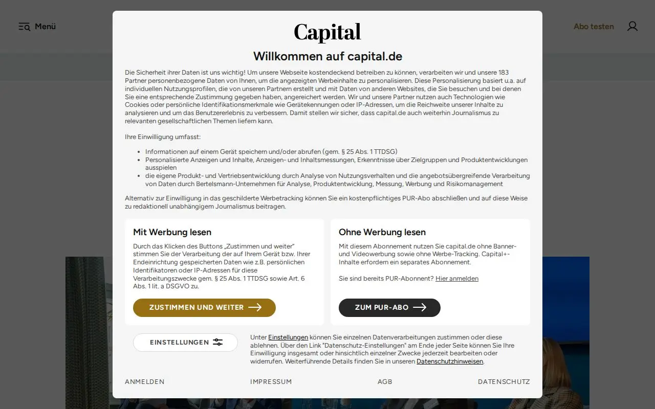 Landing page screenshot for www.capital.de