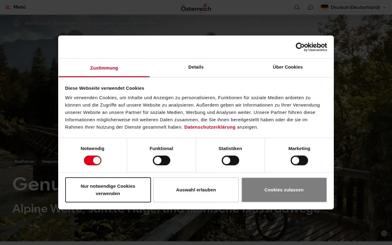 Landing page screenshot for www.austria.info