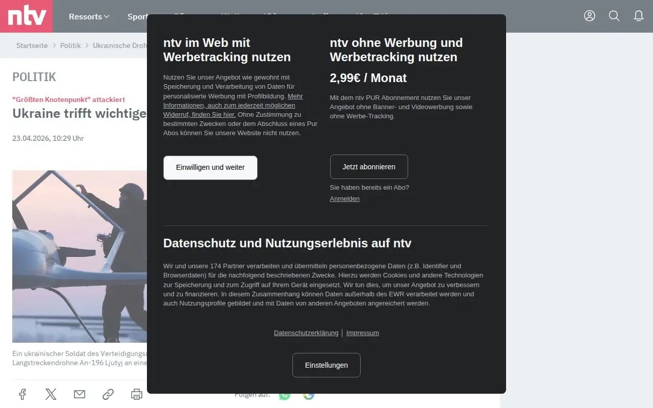 Landing page screenshot for www.n-tv.de
