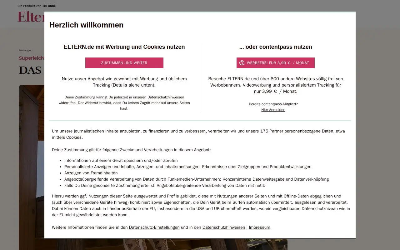Landing page screenshot for www.eltern.de