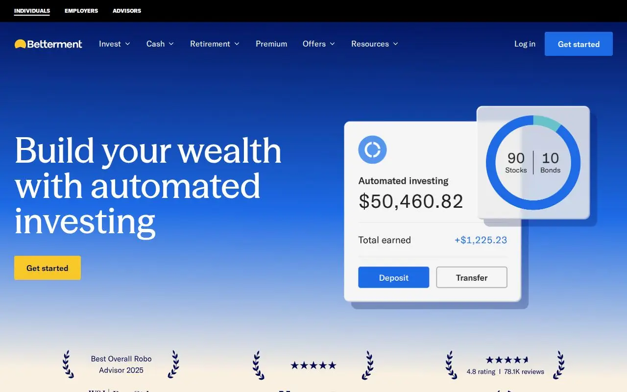 Landing page screenshot for www.betterment.com