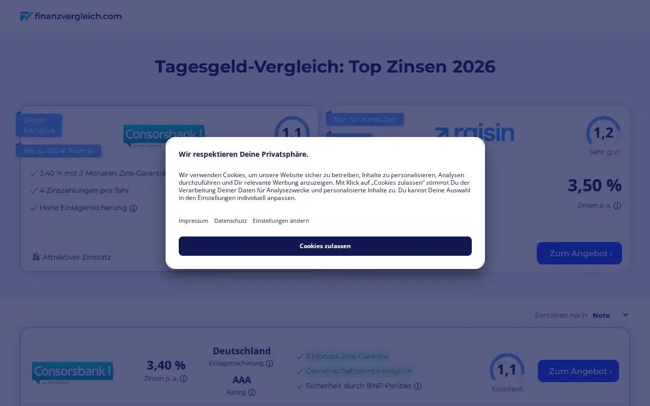 Landing page screenshot for finanzvergleich.com