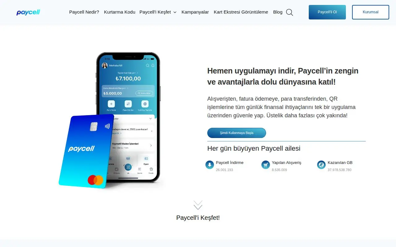 Landing page screenshot for paycell.com.tr