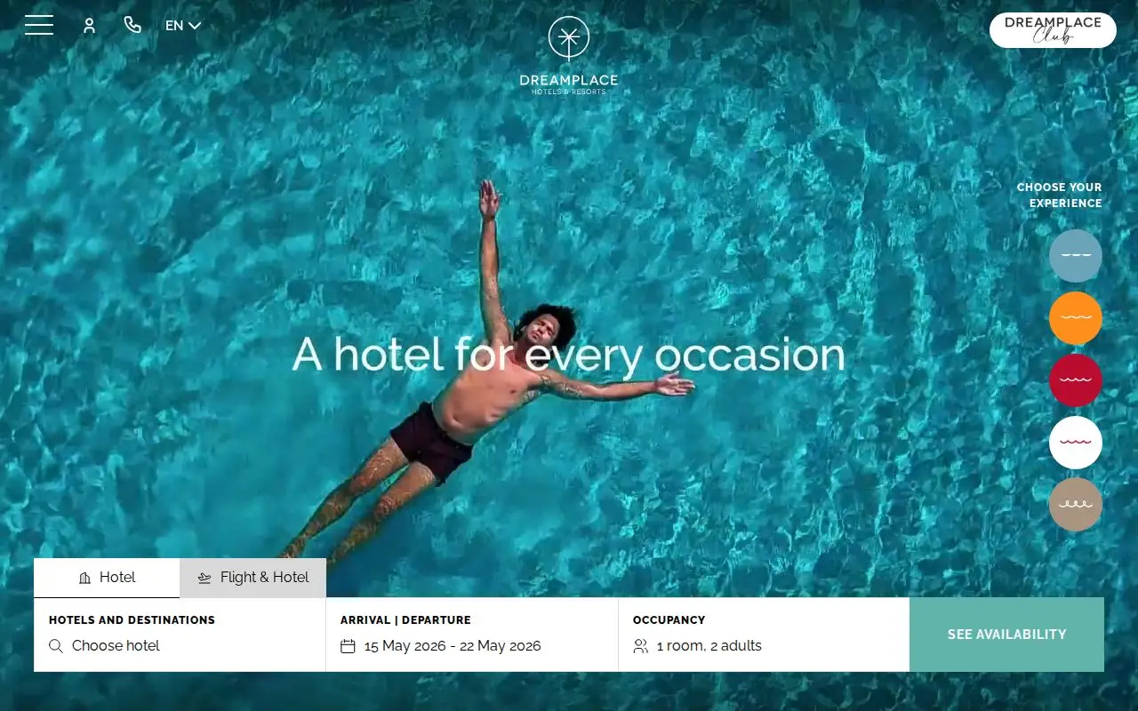 Landing page screenshot for www.dreamplacehotels.com