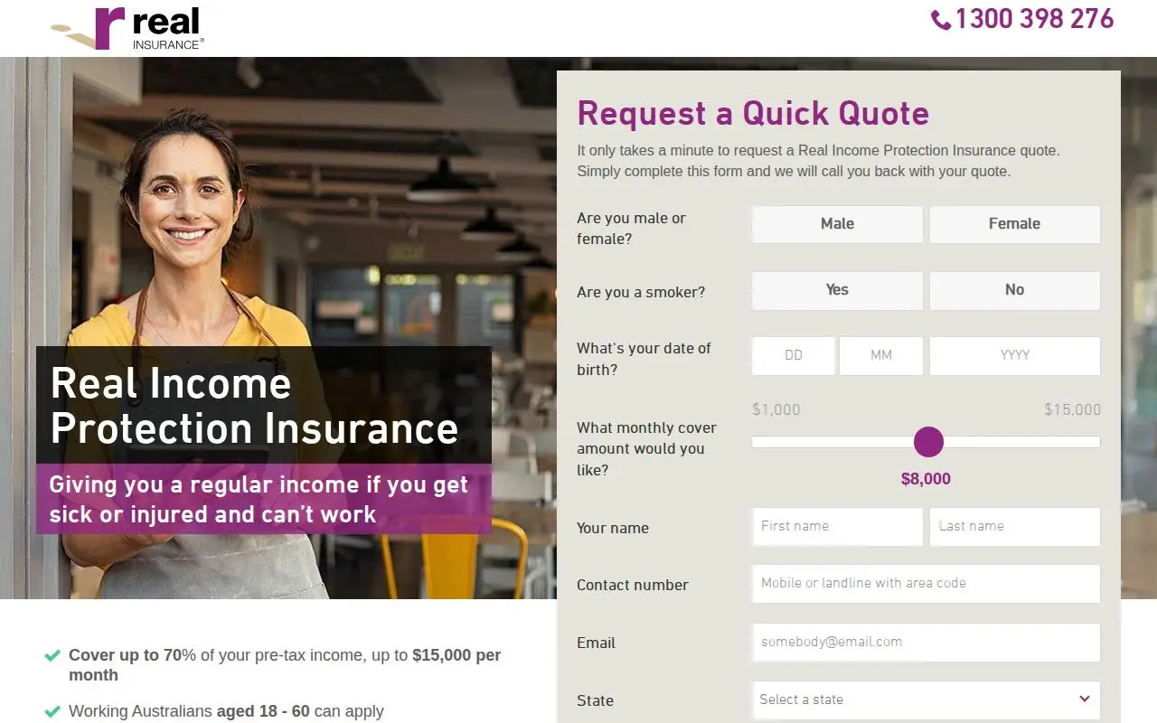 Landing page screenshot for www.realinsurance.com.au