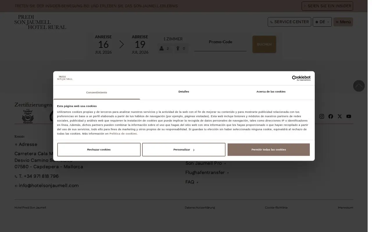 Landing page screenshot for reservierungen.hotelsonjaumell.com