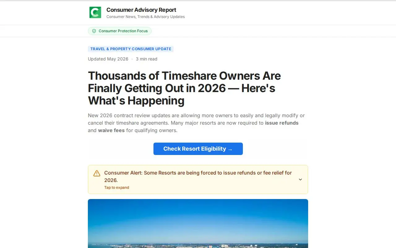 Landing page screenshot for www.consumeradvisoryreport.com