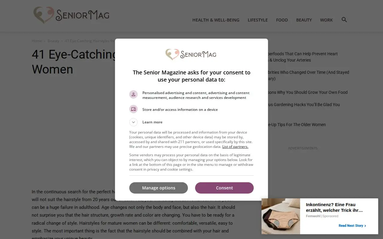 Landing page screenshot for theseniormag.com