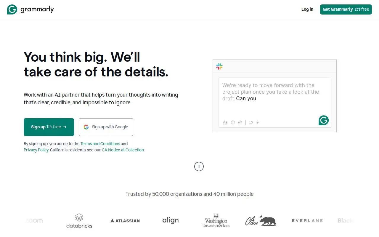 Landing page screenshot for www.grammarly.com