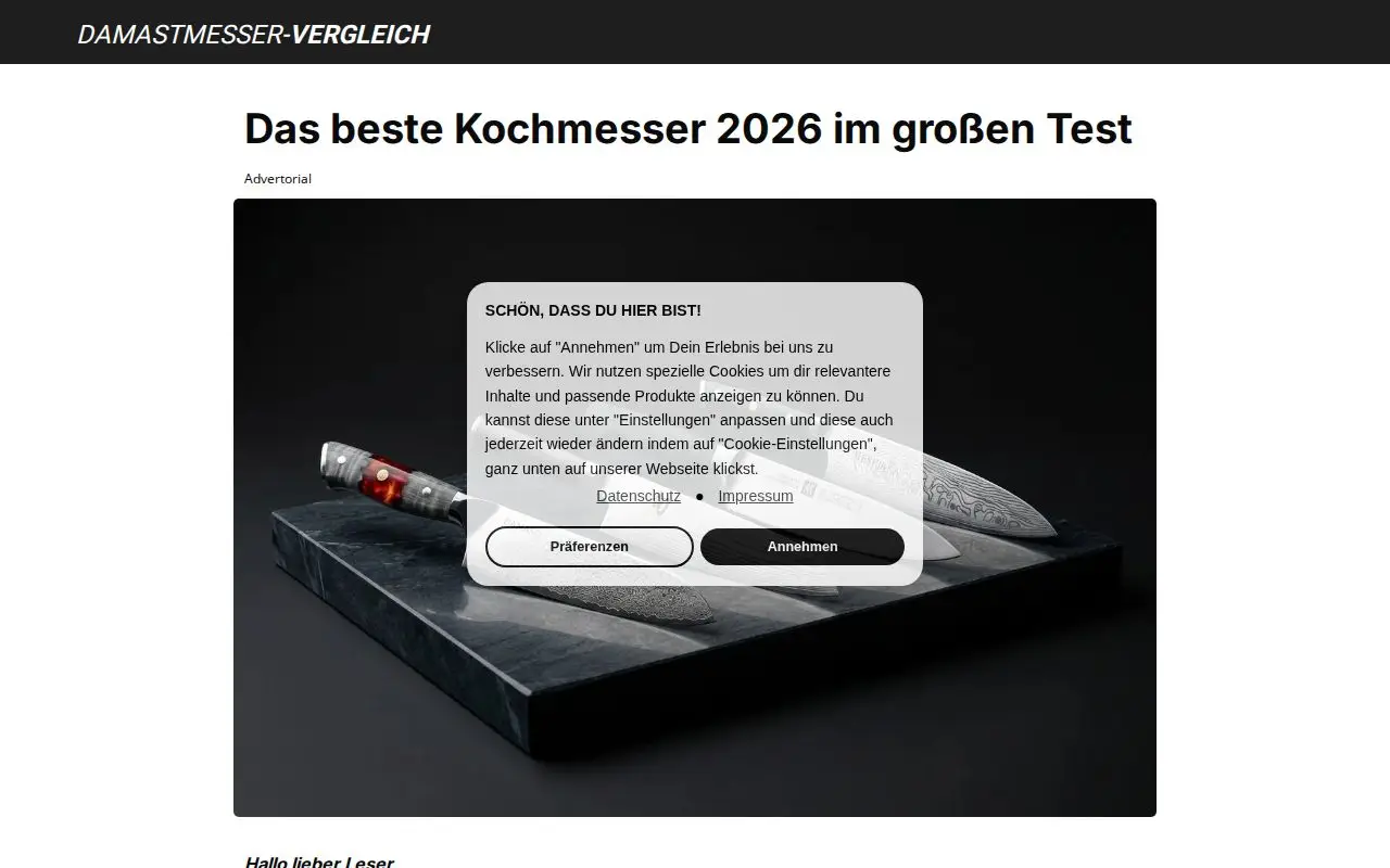 Landing page screenshot for damastmesser-vergleich.de