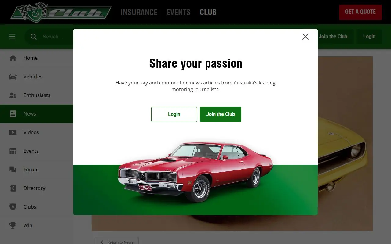 Landing page screenshot for club.shannons.com.au