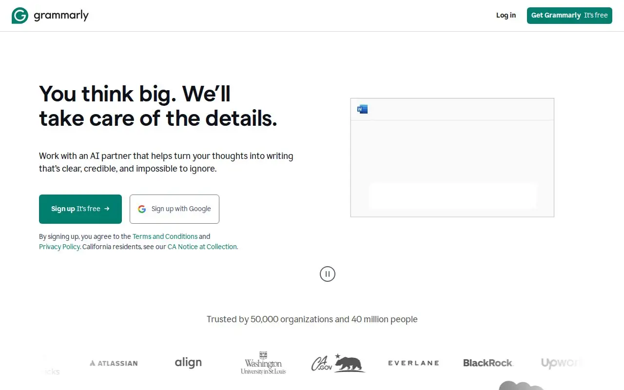 Landing page screenshot for www.grammarly.com