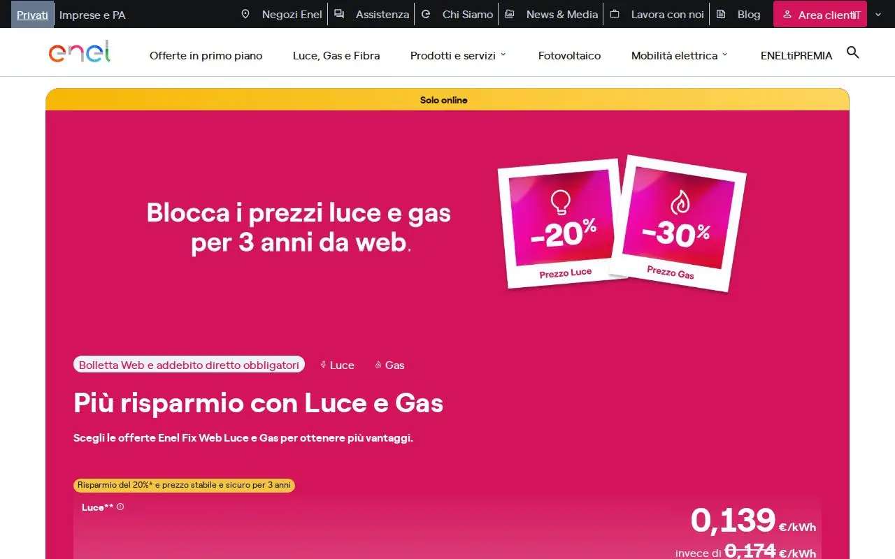 Landing page screenshot for www.enel.it
