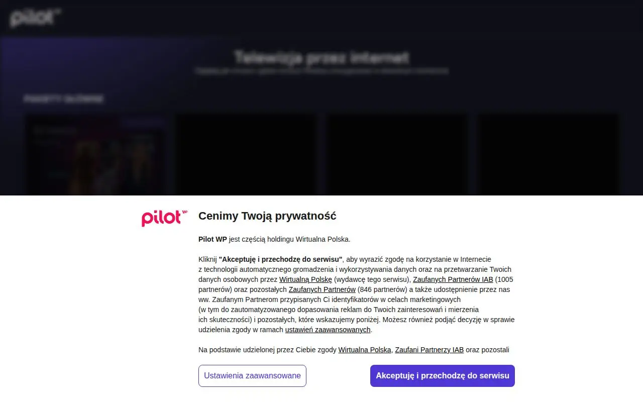 Landing page screenshot for pilot.wp.pl
