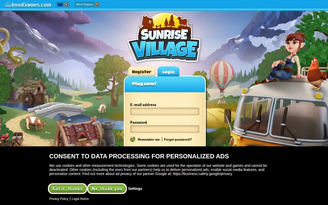 Landing page screenshot for eu-play.sunrisevillagegame.com