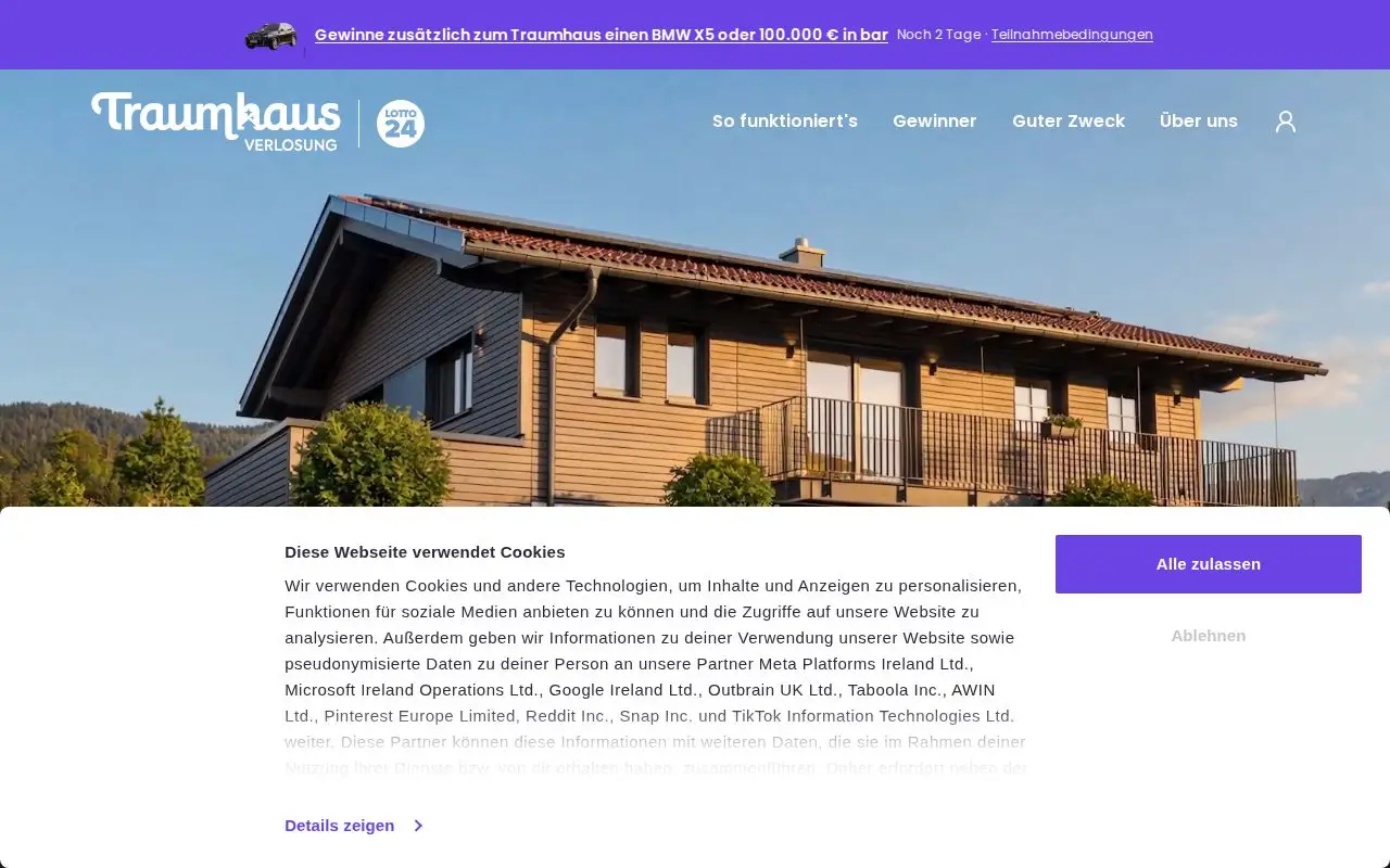 Landing page screenshot for www.traumhausverlosung.de