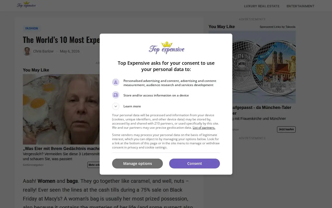 Landing page screenshot for topexpensive.com