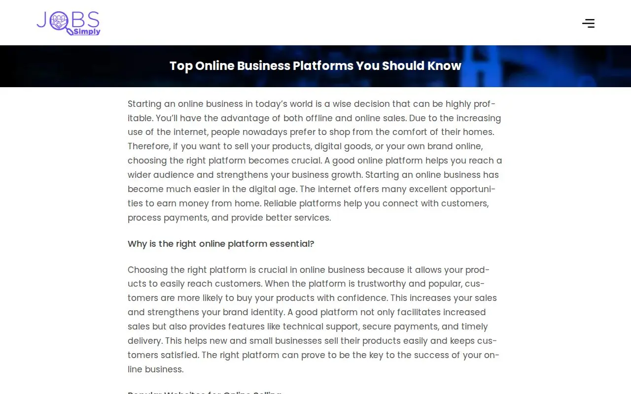 Landing page screenshot for www.jobssimply.com