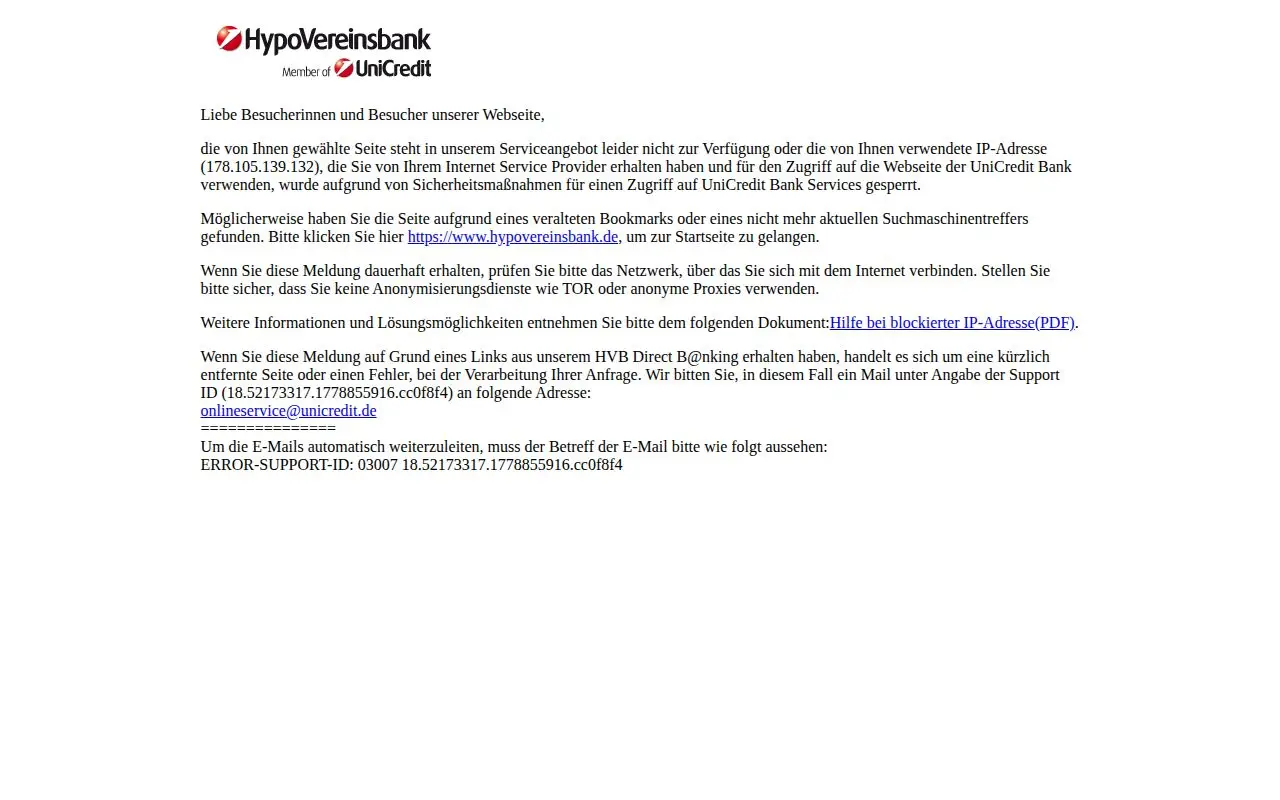 Landing page screenshot for www.hypovereinsbank.de