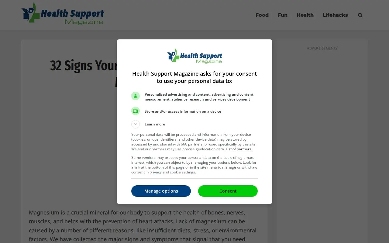 Landing page screenshot for healthsupportmag.com