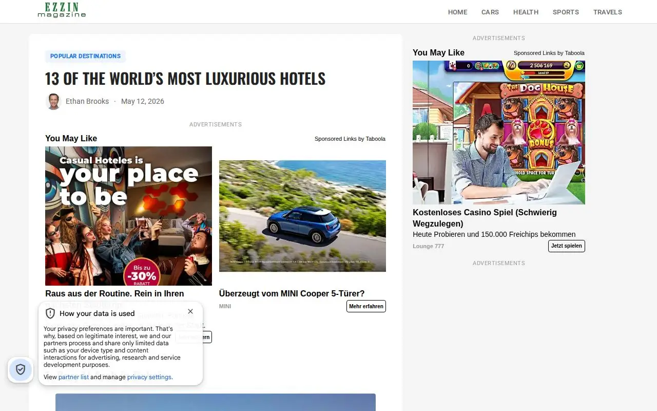 Landing page screenshot for ezzin.com