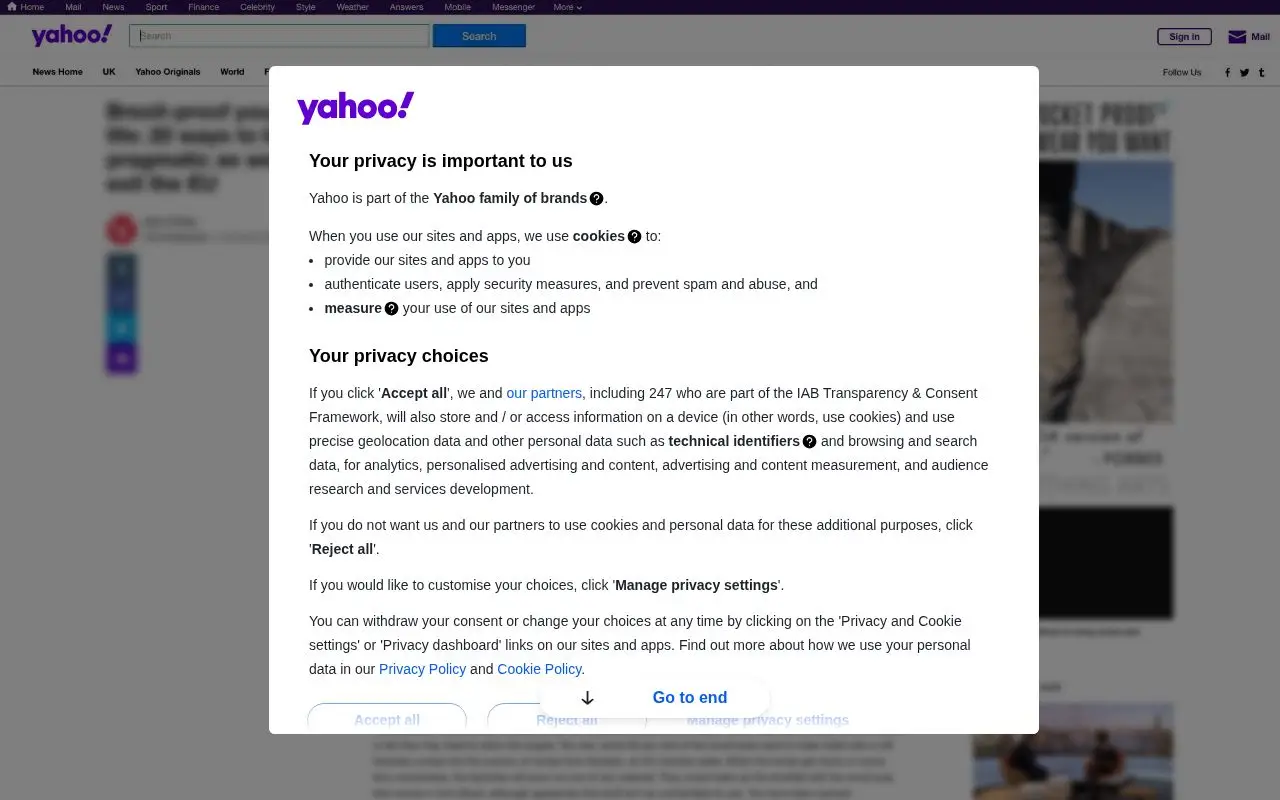 Landing page screenshot for consent.yahoo.com