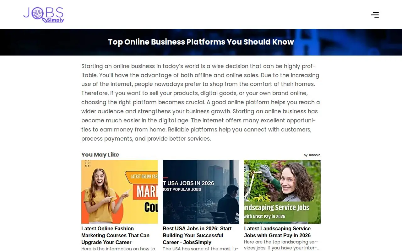 Landing page screenshot for www.jobssimply.com