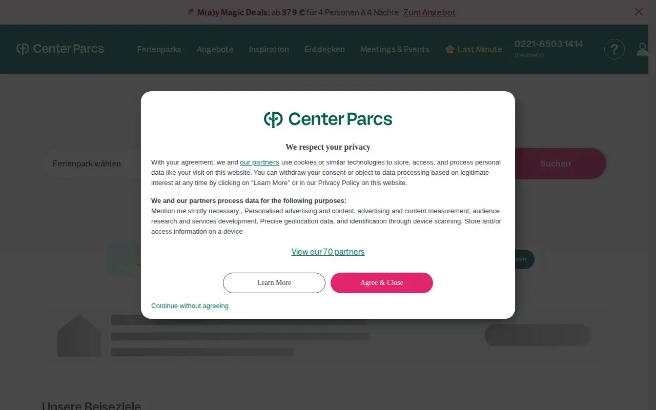 Landing page screenshot for www.centerparcs.de