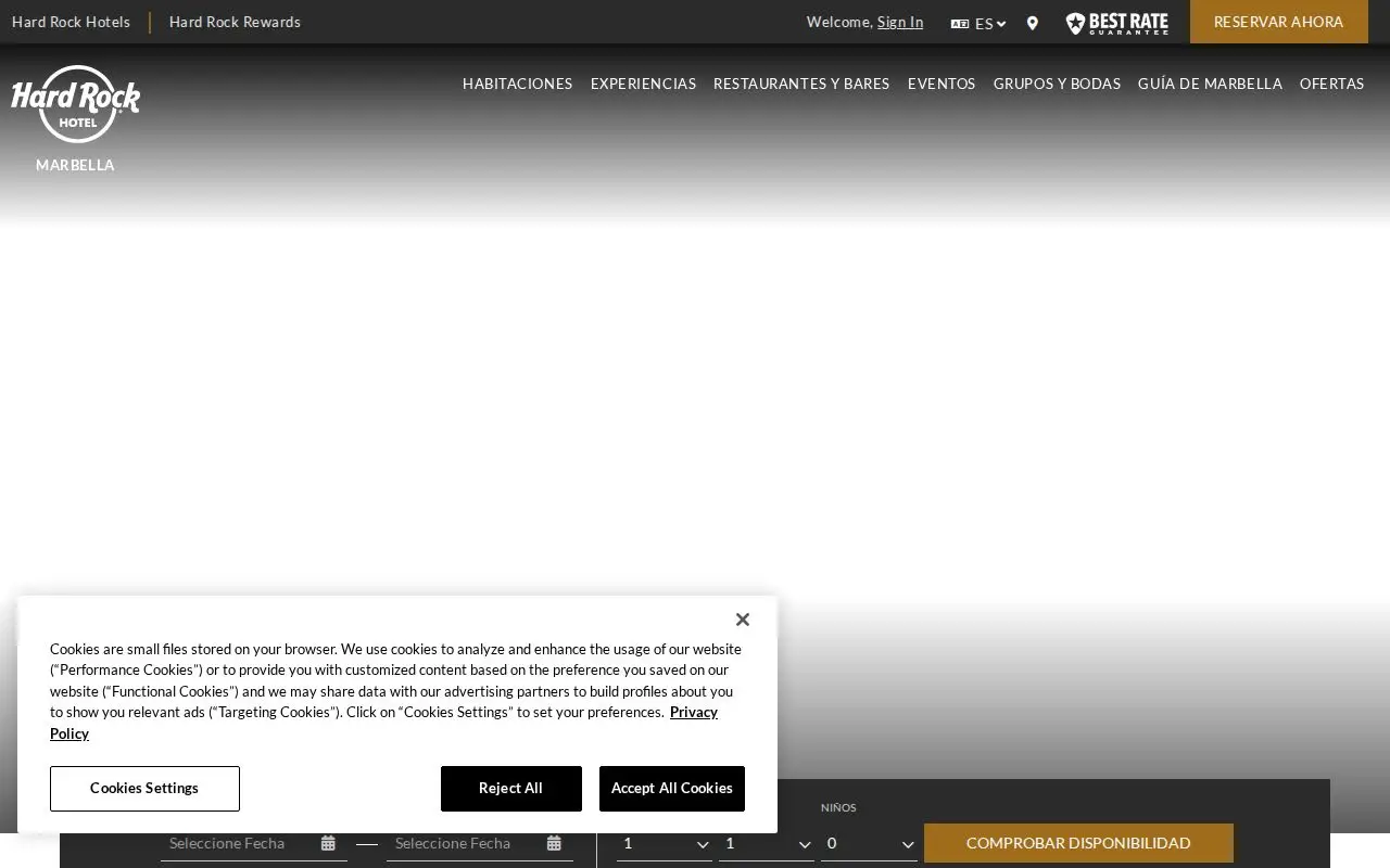 Landing page screenshot for hotel.hardrock.com