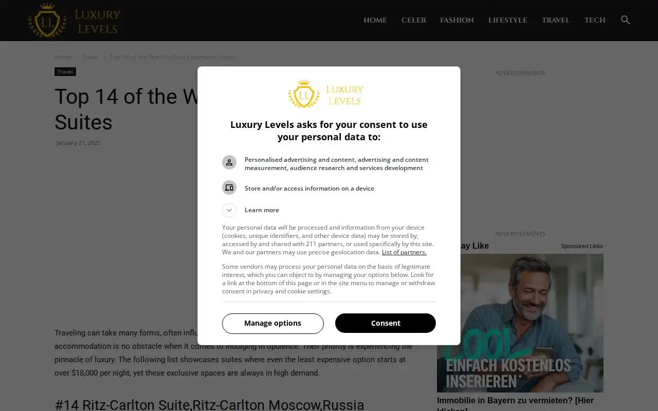 Landing page screenshot for luxurylevels.com