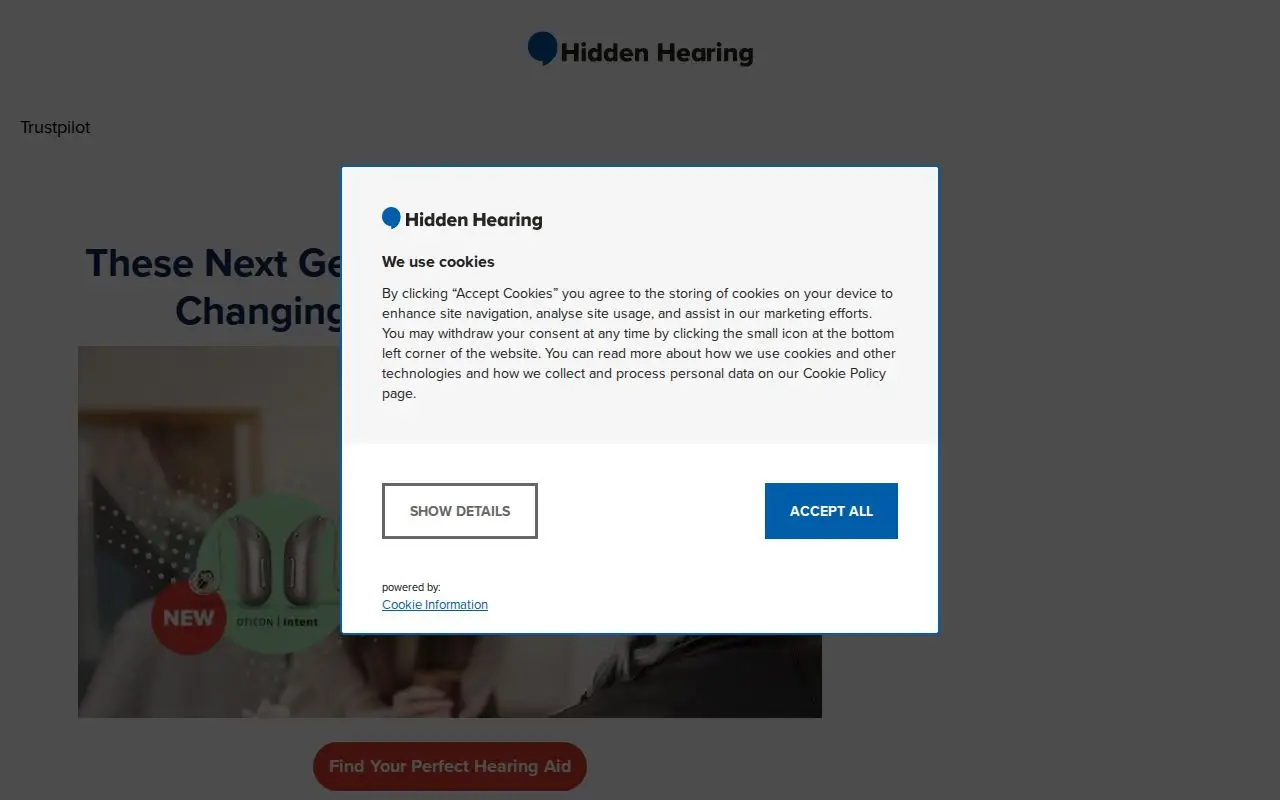 Landing page screenshot for www.hiddenhearing.co.uk