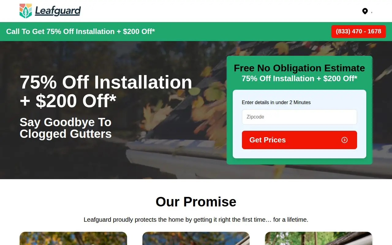 Landing page screenshot for leafguard.homes