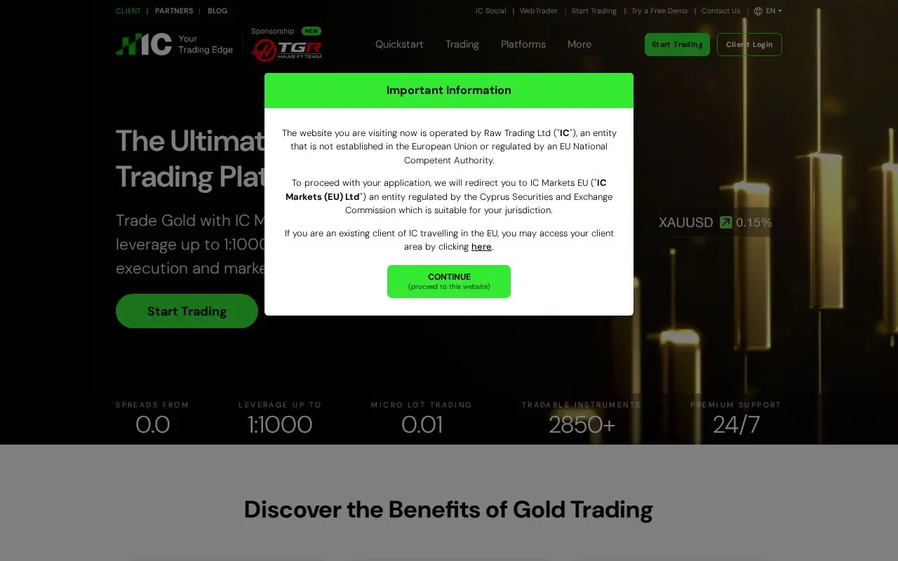 Landing page screenshot for www.icmarkets.com