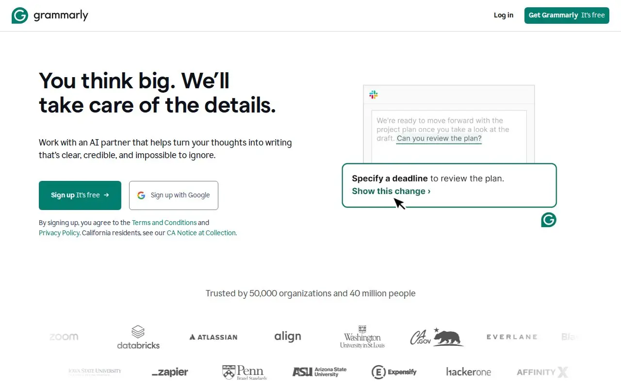 Landing page screenshot for www.grammarly.com