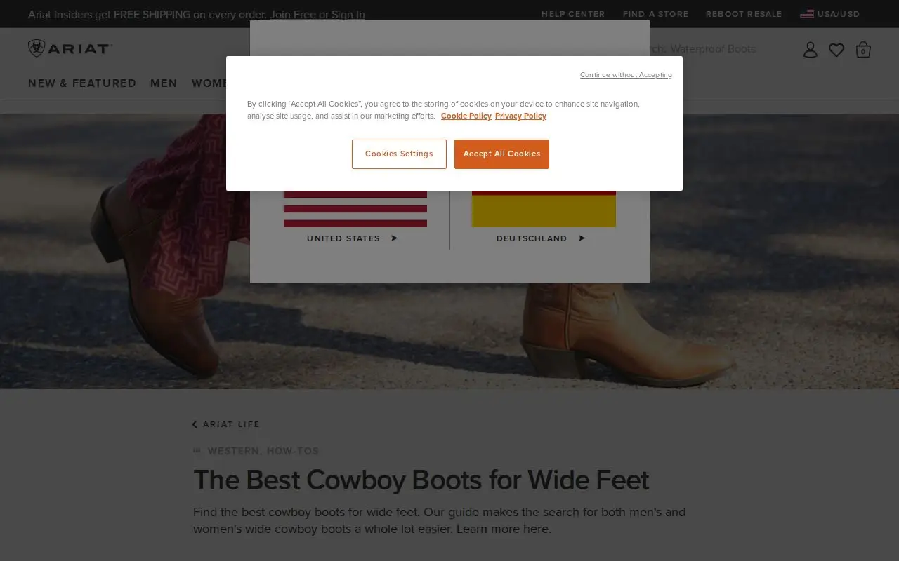 Landing page screenshot for www.ariat.com