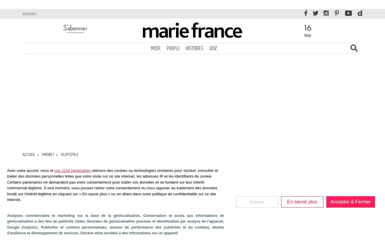 Landing page screenshot for tendances.mariefrance.fr